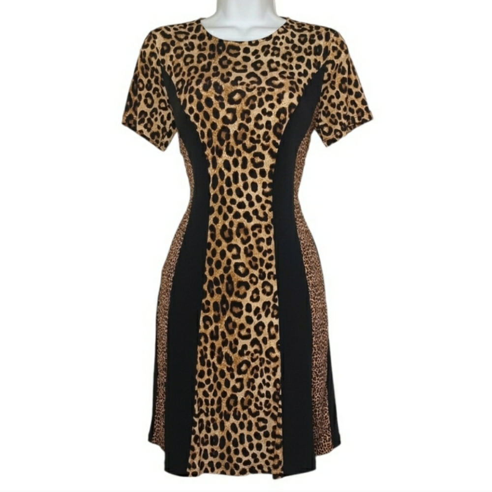 MICHAEL MICHAEL KORS Brown Animal Print Black Stripe Short Sleeve Dress Small